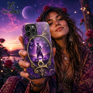 Prince themed phone case with purple marble texture, gold symbol, and guitar player illustration against sunset sky.!