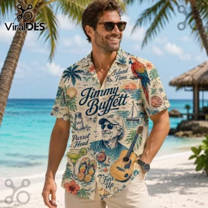 Man wearing a cream-colored tropical button-down shirt featuring a Jimmy Buffett illustration, parrot, and guitar prints.!