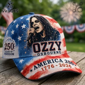 Ozzy Osbourne baseball cap with American flag print, text reading 250 Years of Freedom and America 250 1776-2026.!