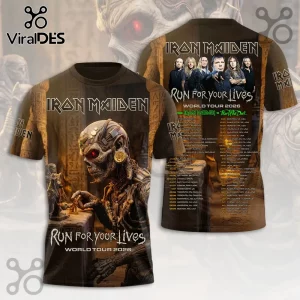 Iron Maiden Run For Your Lives 2026 tour t-shirt featuring Eddie the head graphic, band photo, and global tour date list.!