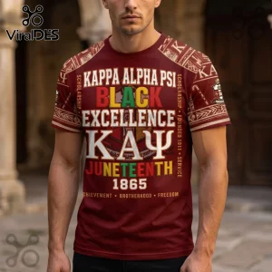 Burgundy Kappa Alpha Psi t-shirt featuring Black Excellence and Juneteenth 1865 text with Greek letters on sleeves.!
