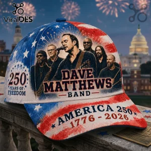 Dave Matthews Band patriotic baseball cap with US flag print, 250 years of freedom text, and 1776-2026 dates.!