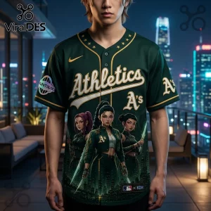 Oakland Athletics baseball jersey featuring anime-style female characters, green fabric, gold piping, and MLB logo patch.!