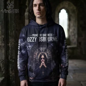 Man wearing black Ozzy Osbourne hoodie with Prince of Darkness text, gothic stained glass print, and cross necklace design.!