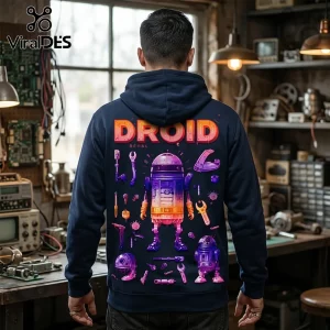 Navy blue hoodie with back print of a gradient orange and purple robot surrounded by mechanical tools and DROID text.!