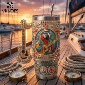 Stainless steel tumbler with guitar handle, parrot wearing sunglasses, hibiscus flowers, and 250 Years of Freedom text.!