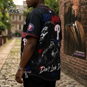 Black Philadelphia Phillies style baseball jersey featuring Rod Wave portraits, city skyline graphics, and text Don't Look Down.!
