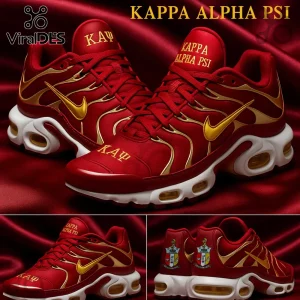 Kappa Alpha Psi sneakers featuring red and gold colorway with Greek lettering and crest on red satin background.!