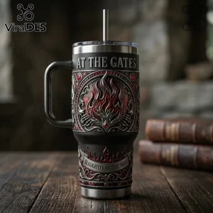 At The Gates metal tumbler with raised gothic flame relief, red accents, and text reading Slaughter Of The Soul.!