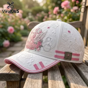 White baseball cap with pink breast cancer awareness ribbon, roses, and wings embroidery resting on a wooden bench.!