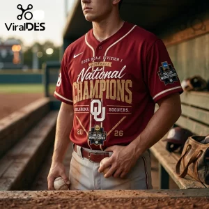 Oklahoma Sooners 2026 NCAA Division 1 Baseball National Champions jersey in crimson with gold lettering and official patches.!