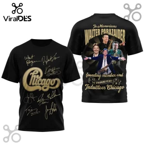 Black Chicago band t-shirt featuring band signatures on front and memorial tribute to Walter Parazaider on back.!