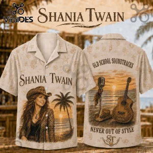Shania Twain button-up beach shirt featuring leopard print hat, guitar, and sunset beach print on a beige background.!