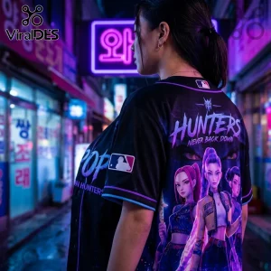 Person wearing black polyester baseball jersey with purple neon anime girl graphic and text HUNTERS NEVER BACK DOWN.!