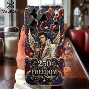 Elvis Presley phone case with patriotic red, white, and blue design, wings, stars, and text 250 Years of Freedom.!