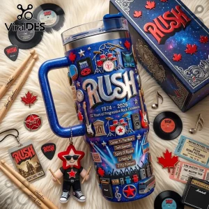 Blue glitter stainless steel tumbler featuring Rush band logos, drum kits, guitars, song titles, and Canadian maple leaves.!