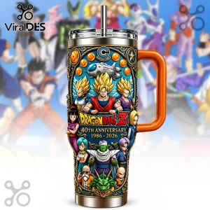 Dragon Ball Z 40th anniversary stainless steel tumbler with orange handle, featuring Goku, Vegeta, and characters.!