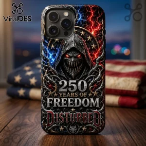 iPhone case featuring a hooded, skeletal figure, red and blue lightning, and text reading 250 YEARS OF FREEDOM DISTURBED.!