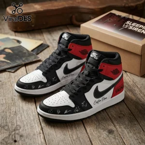 Custom Nike Air Jordan 1 high-top sneakers in white, black, and red with Sleeping With Sirens branding on a wood floor.!