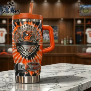 Baltimore Orioles stainless steel tumbler featuring orange and black tie-dye, team logo shield, and stadium graphic.!