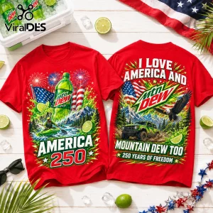 Red T-shirt set featuring Mountain Dew graphics, American flags, a kayaker, off-road vehicle, bald eagle, and fireworks.!