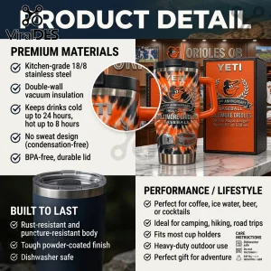 Baltimore Orioles 72nd anniversary stainless steel YETI tumbler with orange and black tie-dye pattern and matching box.!