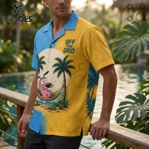 Courage the Cowardly Dog button-up shirt in blue and yellow with tropical hammock graphics and Off The Grid text.!