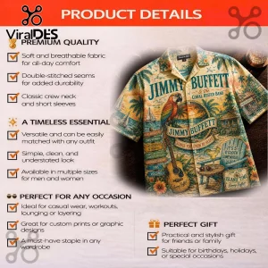 Jimmy Buffett short-sleeve button-down tropical shirt with parrot, guitar, and beach scene graphics on beige fabric.!