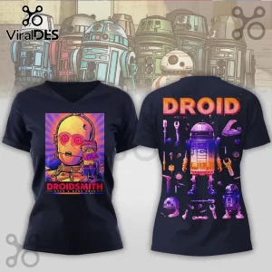 Navy v-neck t-shirt featuring C-3PO and Babu Frik graphics on front and a Droid repair schematic on the back.!