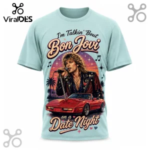 Light blue t-shirt with Bon Jovi graphic featuring a 1980s singer, red sports car, palm trees, and stars at sunset.!