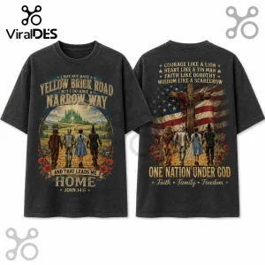 Vintage black t-shirt featuring Wizard of Oz characters walking on yellow brick road with religious text and US flag graphic.!