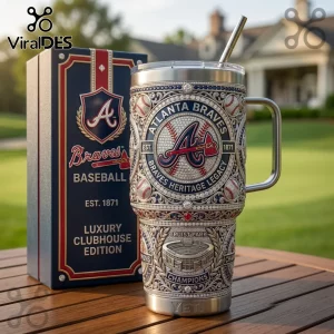 Atlanta Braves Yeti tumbler featuring jeweled baseball motifs, Truist Park imagery, and navy red team branding.!