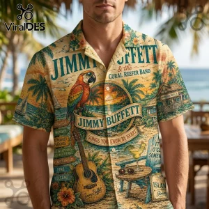 Jimmy Buffett button-down shirt featuring a parrot, acoustic guitar, sunset beach graphics, and song titles on tan fabric.!
