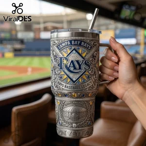 Tampa Bay Rays branded Yeti tumbler with intricate metal engraving, team logo, and Tropicana Field dome illustration.!