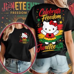 Black cotton t-shirt featuring Hello Kitty with red bow and Juneteenth Freedom 1865 graphics in red, yellow, and green.!