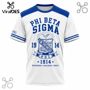 Phi Beta Sigma white t-shirt with blue sleeves and collar, featuring crest, 1914, and brotherhood scholarship text.!