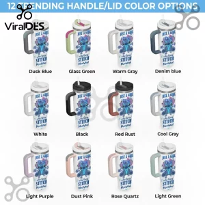 Twelve stainless steel tumblers with Stitch graphic, featuring customizable handles and lids in various solid color options.!