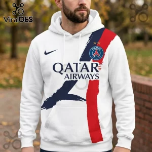 White PSG pullover hoodie with blue and red brushstroke graphic, Nike logo, and Qatar Airways text print.!