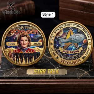 Two Star Trek Voyager commemorative gold-rimmed coins displaying Captain Janeway, the crew, and the USS Voyager ship.!