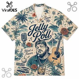 Jelly Roll button-down shirt with cream base, blue tropical illustrations, guitar, microphone, roses, and text graphics.!