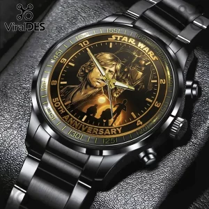 Star Wars 50th anniversary watch featuring Luke Skywalker and Darth Vader on a black dial with gold metallic accents.!