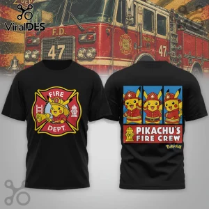 Black cotton t-shirt featuring Pikachu in firefighter gear on the front emblem and back panel with Fire Crew text.!