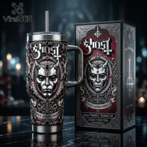 Ghost band Opus Eponymous 40oz stainless steel travel tumbler with metal straw and matching gothic decorative display box.!