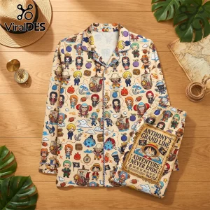 One Piece anime print long-sleeve pajama set with beige background, featuring character icons and a wanted poster design.!