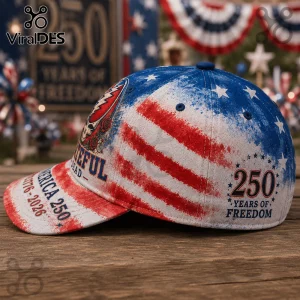 Grateful Dead baseball cap with American flag print, Steal Your Face logo, and America 250 Years of Freedom text.!