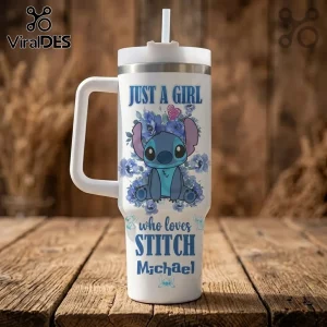 White stainless steel tumbler with handle, straw, Stitch character graphic, blue flowers, and text Just a girl loves Michael.!