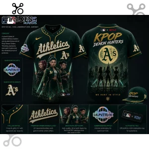 Oakland Athletics K-Pop Demon Hunters collaboration baseball jersey in dark green with gold embroidery and anime graphics.!
