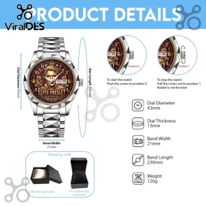 Elvis Presley analog stainless steel wristwatch with a 43mm dial, brown face, and date display in a presentation box.!