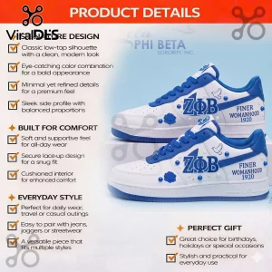 Zeta Phi Beta sorority custom white sneakers with blue trim, ZPhiB logo, rose detail, and Finer Womanhood 1920 text.!