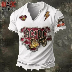 White V-neck t-shirt with AC/DC band graphics, including a gold bell, cannon, lightning bolt, and song title text.!